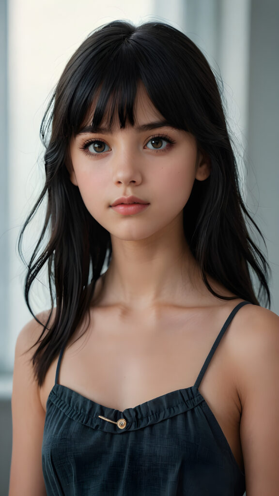 a super realistic and detailed portrait from a beautiful and innocent teen girl, 13 years old, against a plain backdrop, full body, character design, with long soft black hair and bangs, short cropped halter, full lips, big eyes, gloomy and eerie, volumetric light