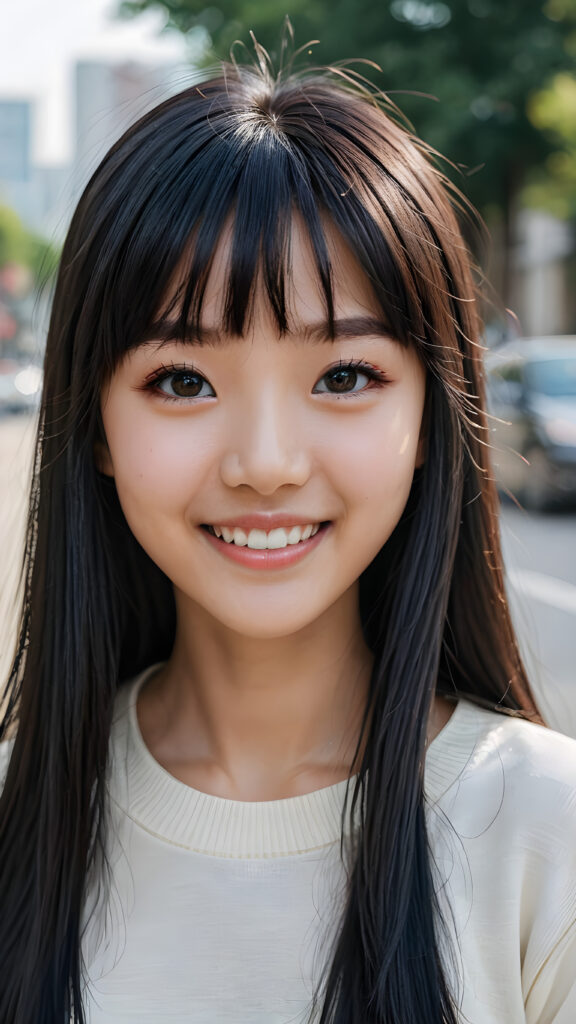 a super realistic, highly detailed, ((portrait from a young and petite Korean girl)), ((realistic eyes)), ((matching eyes)), ((perfect teeth)), ((with long soft straight black hair, bangs cut)), ((not too long)), ((not too short)), ((bright smile)), ((((perfect eyes)))))