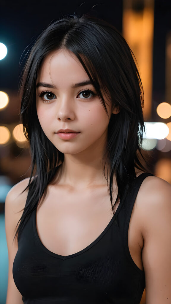 a super realistic and detailed photo from a young gorgeous stunning Emo girl in an plain black tank top, 13 years old, deep v-neck, long soft obsidian black straight hair that frame her round face, full lips, night in backdrop