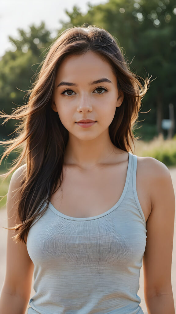 a super realistic and detailed photo from a young gorgeous stunning girl in an plain tank top, long soft hair