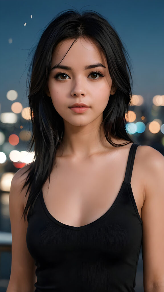 a super realistic and detailed photo from a young gorgeous stunning Emo girl in an plain black tank top, deep v-neck, long soft obsidian black straight hair that frame her round face, full lips, night in backdrop