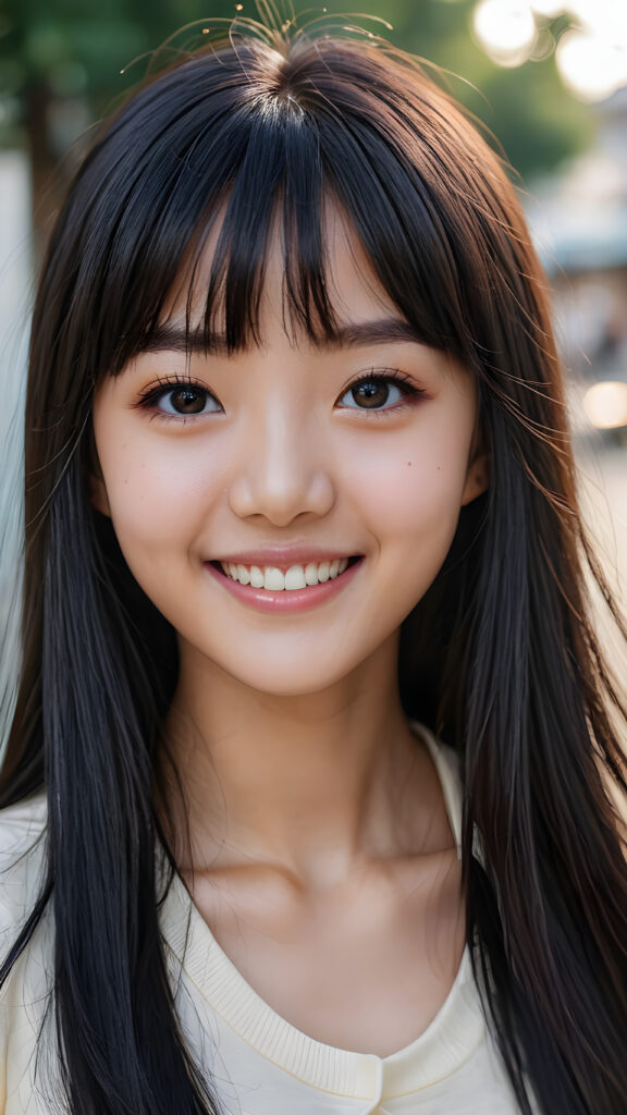 a super realistic, highly detailed, ((portrait from a young and petite Korean girl)), ((realistic eyes)), ((matching eyes)), ((perfect teeth)), ((with long soft straight black hair, bangs cut)), ((not too long)), ((not too short)), ((bright smile)), ((((perfect eyes)))))