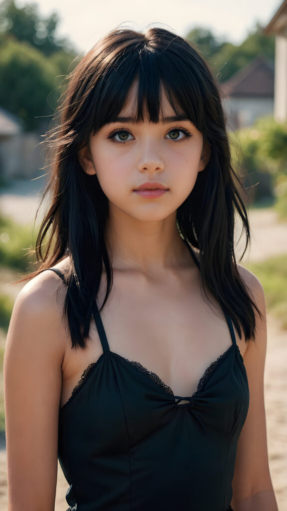 a super realistic and detailed portrait from a beautiful and innocent teen girl, 13 years old, against a plain backdrop, full body, character design, with long soft black hair and bangs, short cropped halter, full lips, big eyes, gloomy and eerie, volumetric light