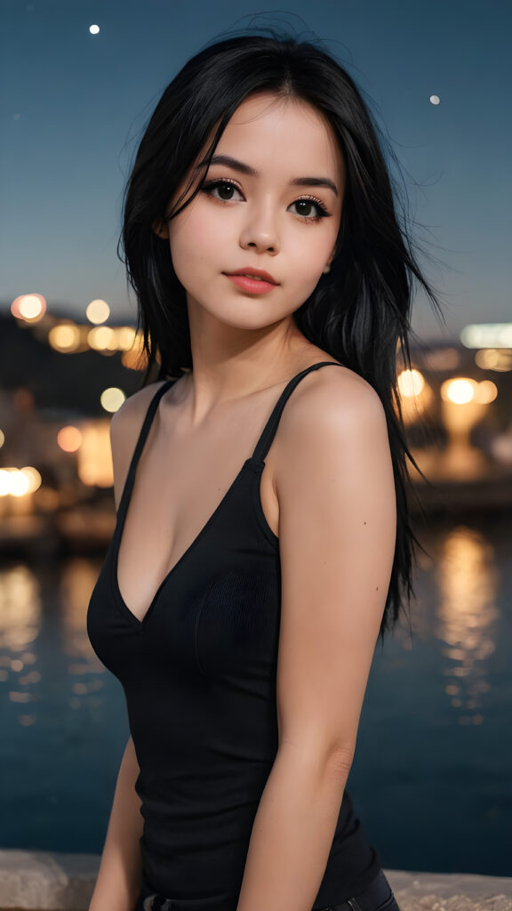 a super realistic and detailed photo from a young gorgeous stunning Emo girl in an plain black tank top, deep v-neck, long soft obsidian black straight hair that frame her round face, full lips, night in backdrop