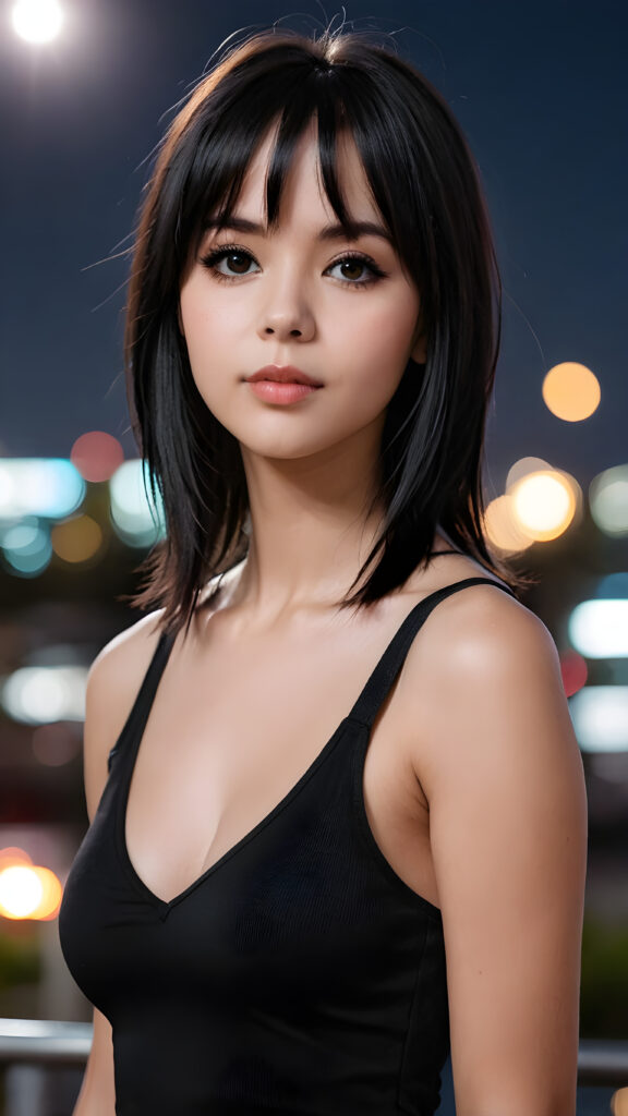 a super realistic and detailed photo from a young gorgeous stunning busty Emo girl in an plain black tank top, deep v-neck, long soft obsidian black straight hair that frame her round face, bangs, full lips, night in backdrop