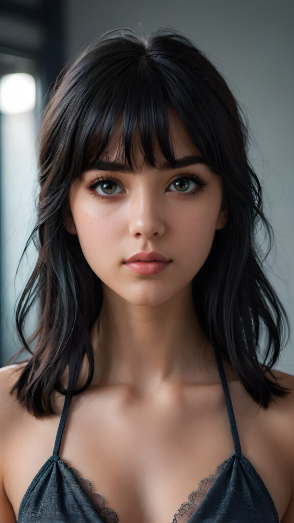 a super realistic and detailed portrait from a beautiful teen girl, against a plain backdrop, full body, character design, with long soft black hair and bangs, short cropped halter, full lips, big eyes, gloomy and eerie, volumetric light