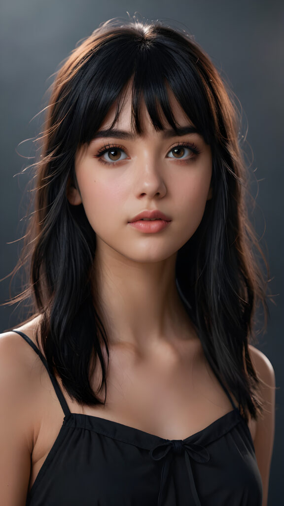 a super realistic and detailed portrait from a beautiful teen girl, against a plain backdrop, full body, character design, with long soft black hair and bangs, short cropped halter, full lips, big eyes, gloomy and eerie, volumetric light