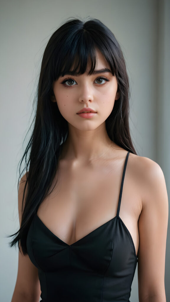 a super realistic and detailed portrait from a beautiful and innocent busty teen girl, against a plain backdrop, full body, character design, with long soft black hair and bangs, short cropped halter, full lips, big eyes, gloomy and eerie, volumetric light