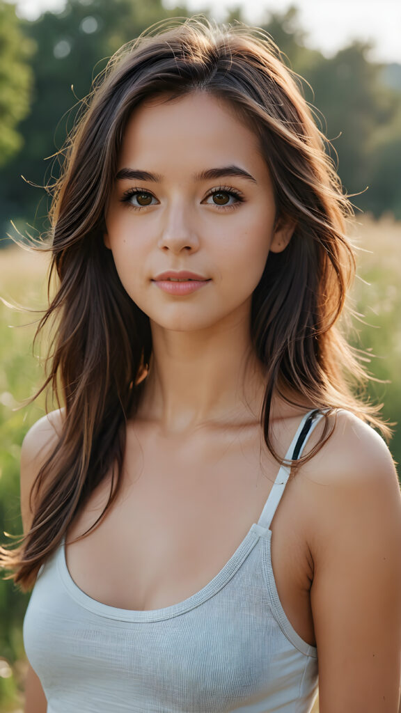 a super realistic and detailed photo from a young gorgeous stunning girl in an plain tank top, long soft hair