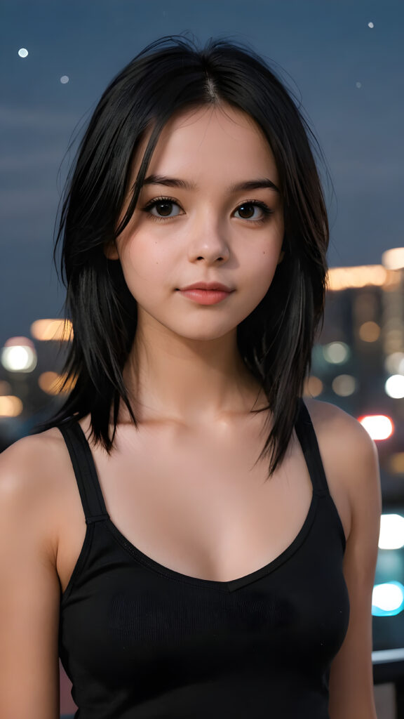 a super realistic and detailed photo from a young gorgeous stunning Emo girl in an plain black tank top, 13 years old, deep v-neck, long soft obsidian black straight hair that frame her round face, full lips, night in backdrop