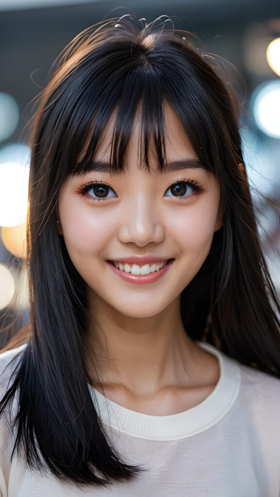 a super realistic, highly detailed, ((portrait from a young and petite Korean girl)), ((realistic eyes)), ((matching eyes)), ((perfect teeth)), ((with long soft straight black hair, bangs cut)), ((not too long)), ((not too short)), ((bright smile)), ((((perfect eyes)))))