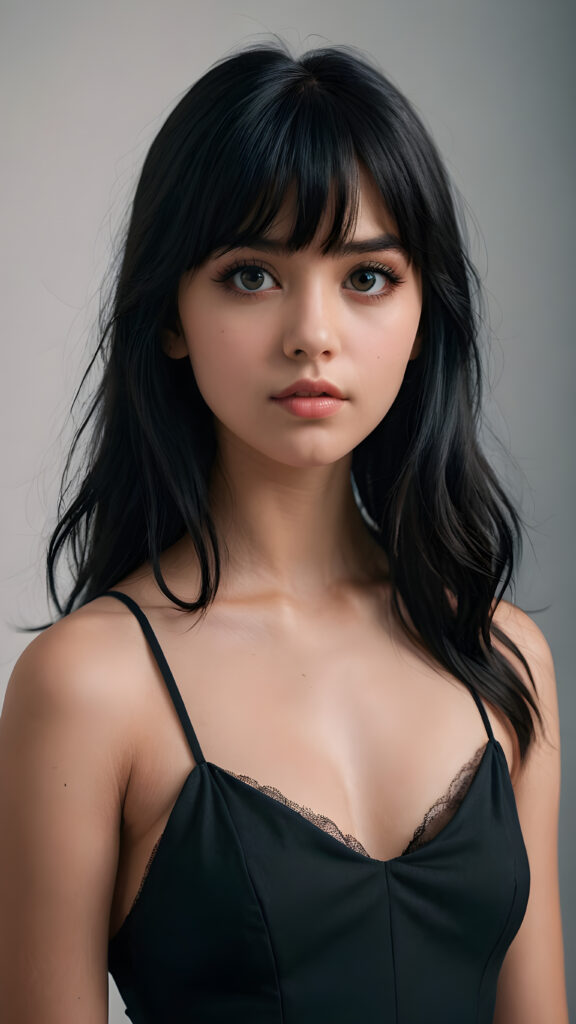 a super realistic and detailed portrait from a beautiful teen girl, against a plain backdrop, full body, character design, with long soft black hair and bangs, short cropped halter, full lips, big eyes, gloomy and eerie, volumetric light