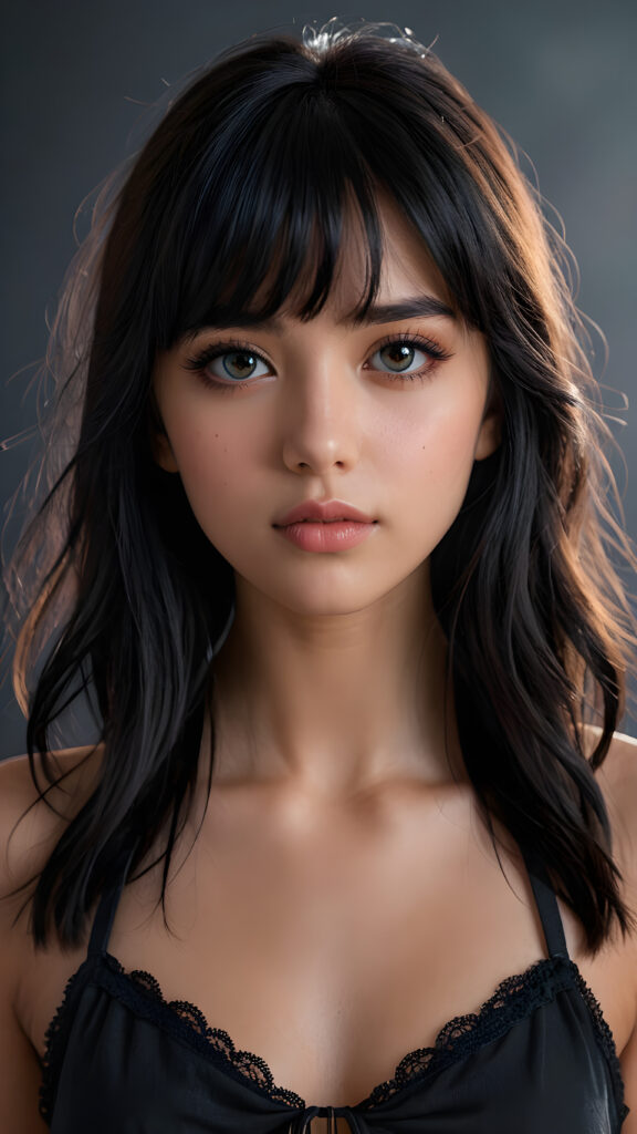 a super realistic and detailed portrait from a beautiful teen girl, against a plain backdrop, full body, character design, with long soft black hair and bangs, short cropped halter, full lips, big eyes, gloomy and eerie, volumetric light