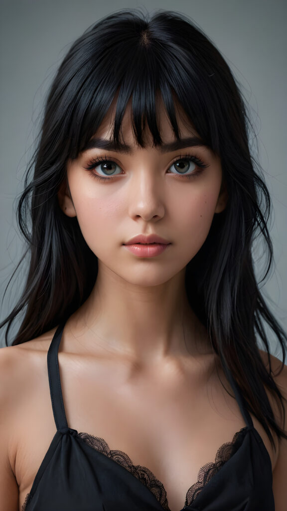 a super realistic and detailed portrait from a beautiful teen girl, against a plain backdrop, full body, character design, with long soft black hair and bangs, short cropped halter, full lips, big eyes, gloomy and eerie, volumetric light