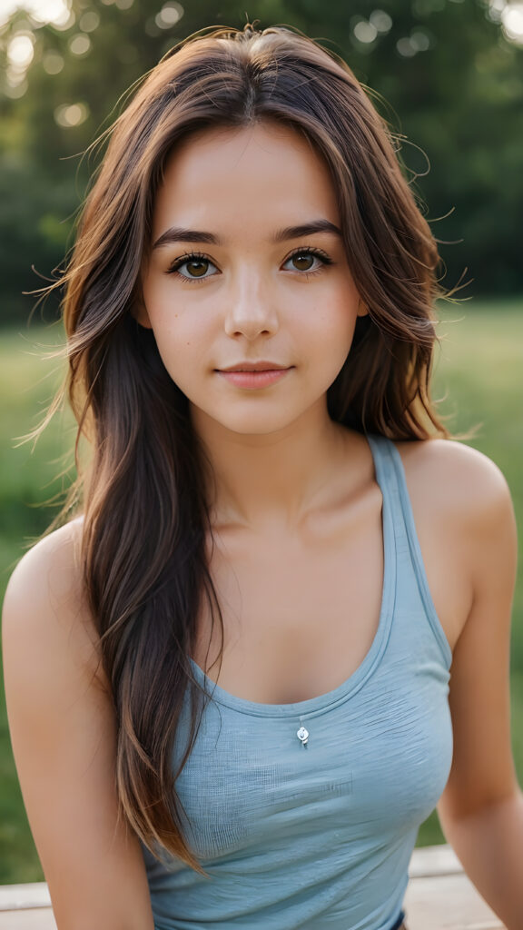 a super realistic and detailed photo from a young gorgeous stunning girl in an plain tank top, long soft hair