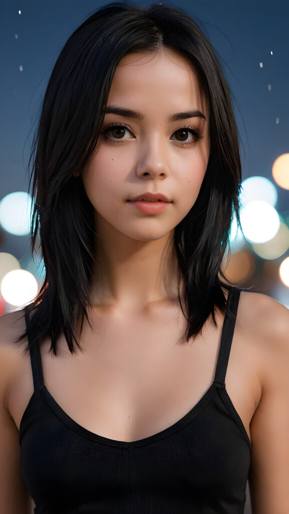 a super realistic and detailed photo from a young gorgeous stunning Emo girl in an plain black tank top, deep v-neck, long soft obsidian black straight hair that frame her round face, full lips, night in backdrop