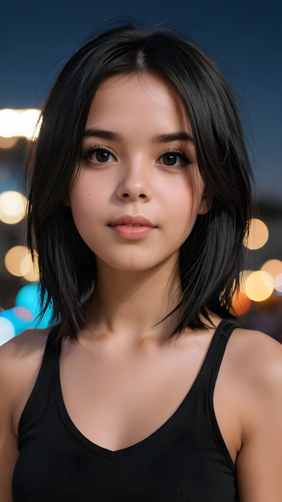 a super realistic and detailed photo from a young gorgeous stunning Emo girl in an plain black tank top, 13 years old, deep v-neck, long soft obsidian black straight hair that frame her round face, full lips, night in backdrop