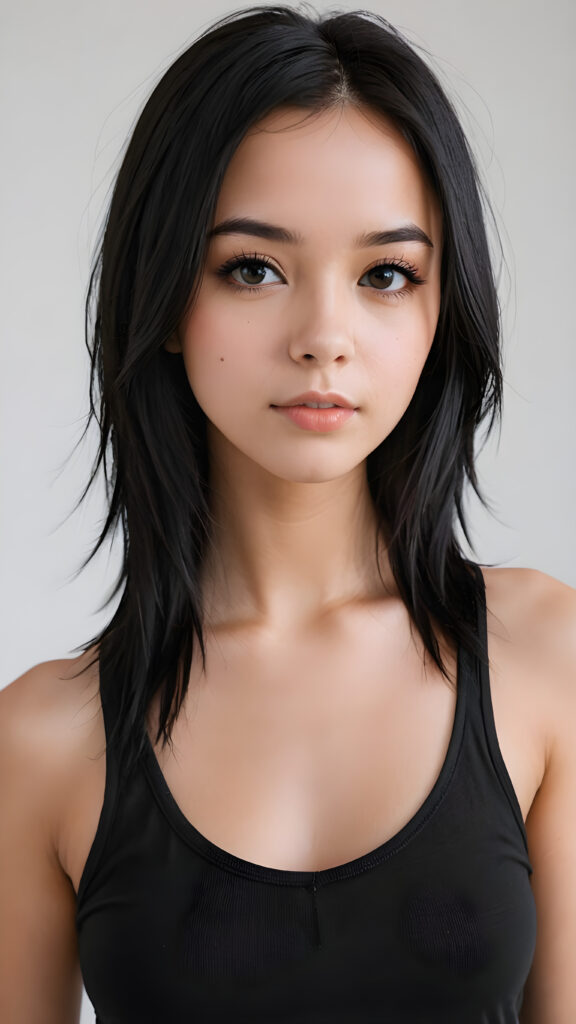 a super realistic and detailed photo from a young gorgeous stunning Emo girl in an plain black tank top, deep v-neck, long soft obsidian black straight hair, full lips, ((white backdrop)), perfect shadows and light