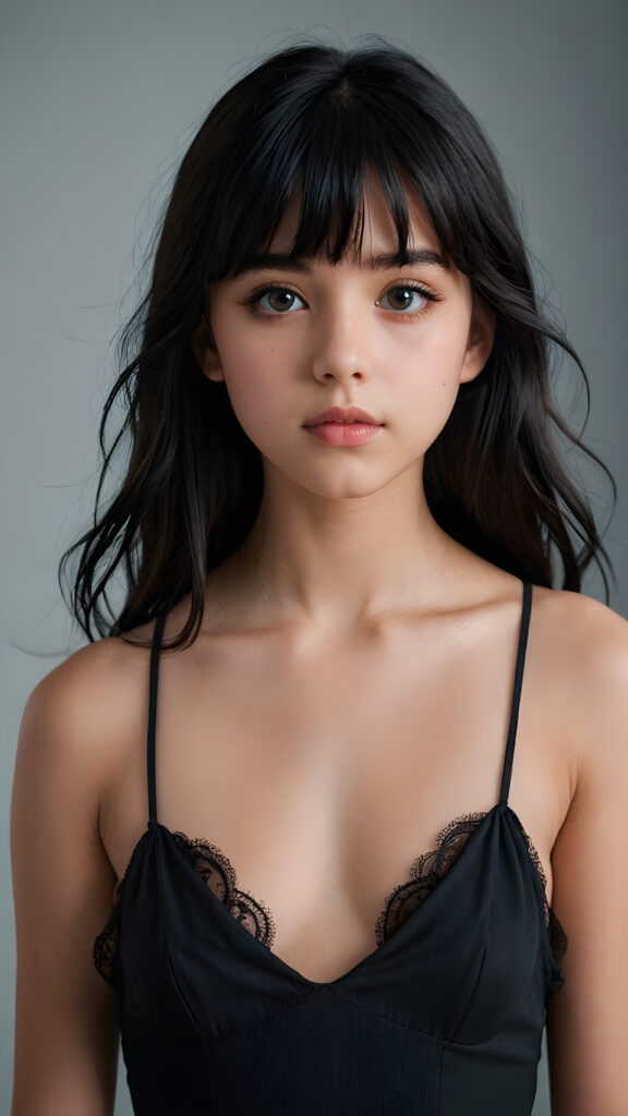 a super realistic and detailed portrait from a beautiful and innocent teen girl, 13 years old, against a plain backdrop, full body, character design, with long soft black hair and bangs, short cropped halter, full lips, big eyes, gloomy and eerie, volumetric light