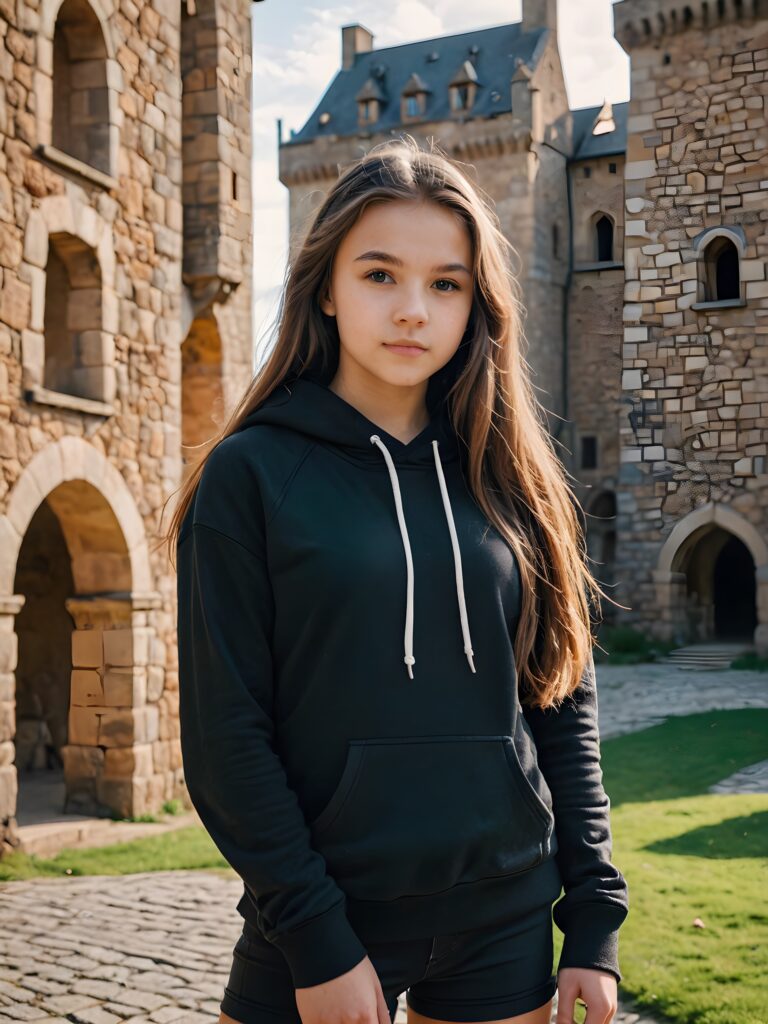 a (((sweet young teen girl))) dressed in a ((black short tight hoodie)), with long, flowing hair and standing confidently before a sprawling, ancient ((castle))