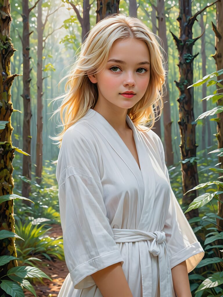 a (((sweet young girl))) in a (((mysterious forest))), where the plants emit a soft, ethereal glow that adds to the enchanting atmosphere. The girl wears a (((white, thin robe))), her blonde hair fluttering in the gentle breeze