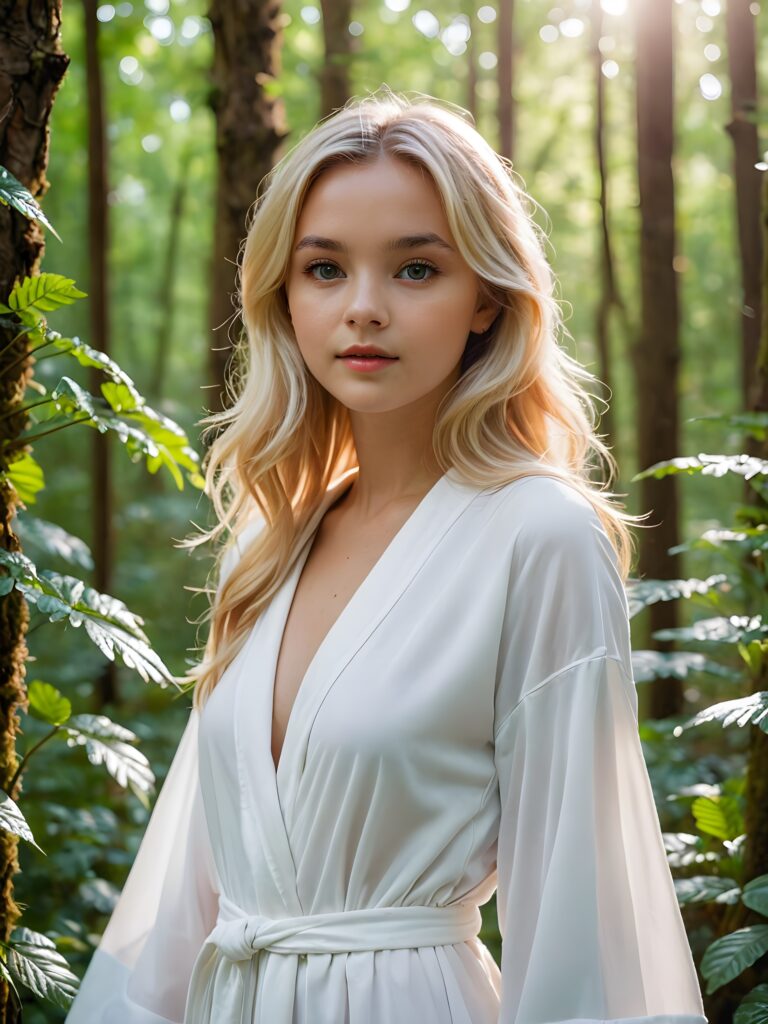 a (((sweet young girl))) in a (((mysterious forest))), where the plants emit a soft, ethereal glow that adds to the enchanting atmosphere. The girl wears a (((white, thin robe))), her blonde hair fluttering in the gentle breeze