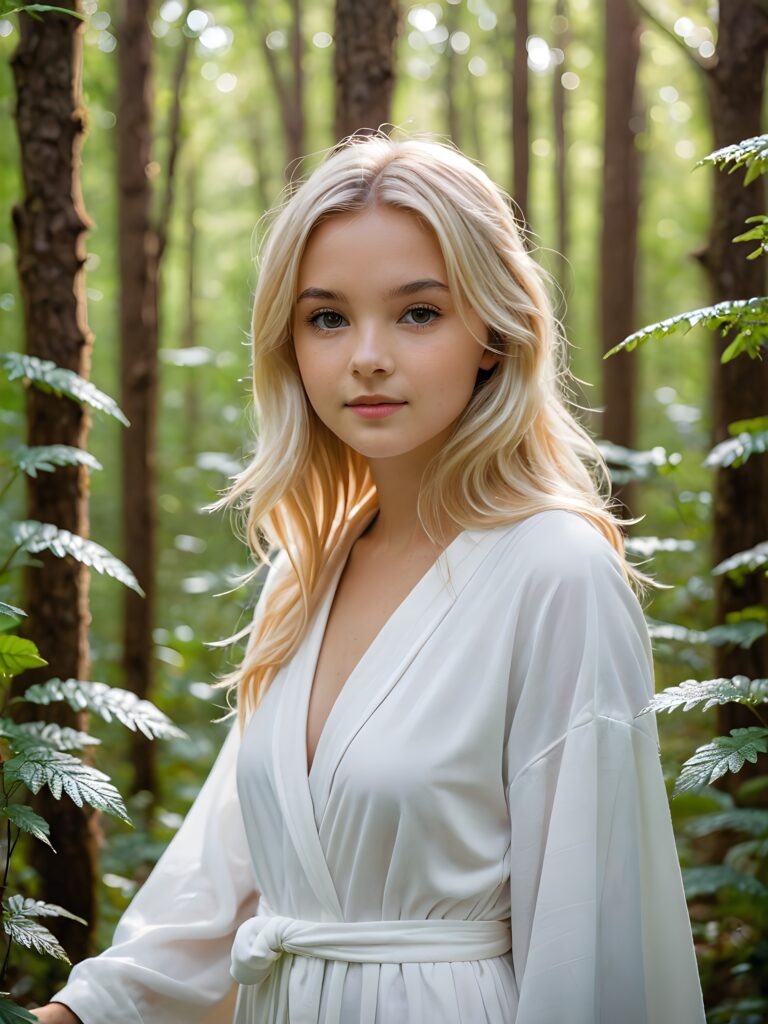 a (((sweet young girl))) in a (((mysterious forest))), where the plants emit a soft, ethereal glow that adds to the enchanting atmosphere. The girl wears a (((white, thin robe))), her blonde hair fluttering in the gentle breeze