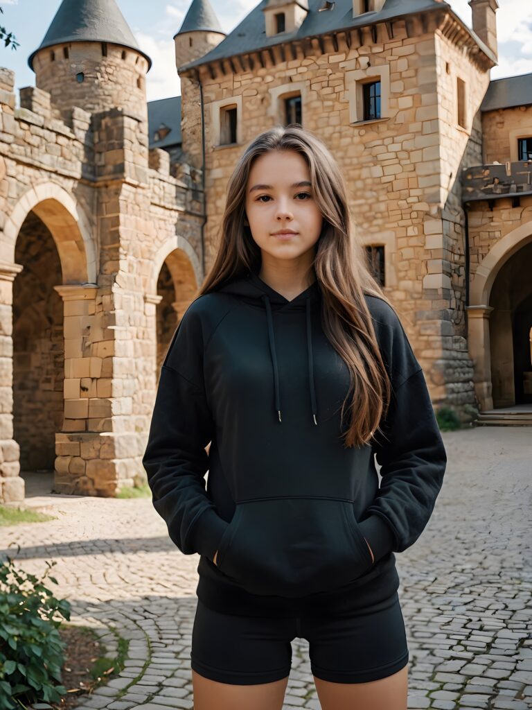 a (((sweet young teen girl))) dressed in a ((black short tight hoodie)), with long, flowing hair and standing confidently before a sprawling, ancient ((castle))