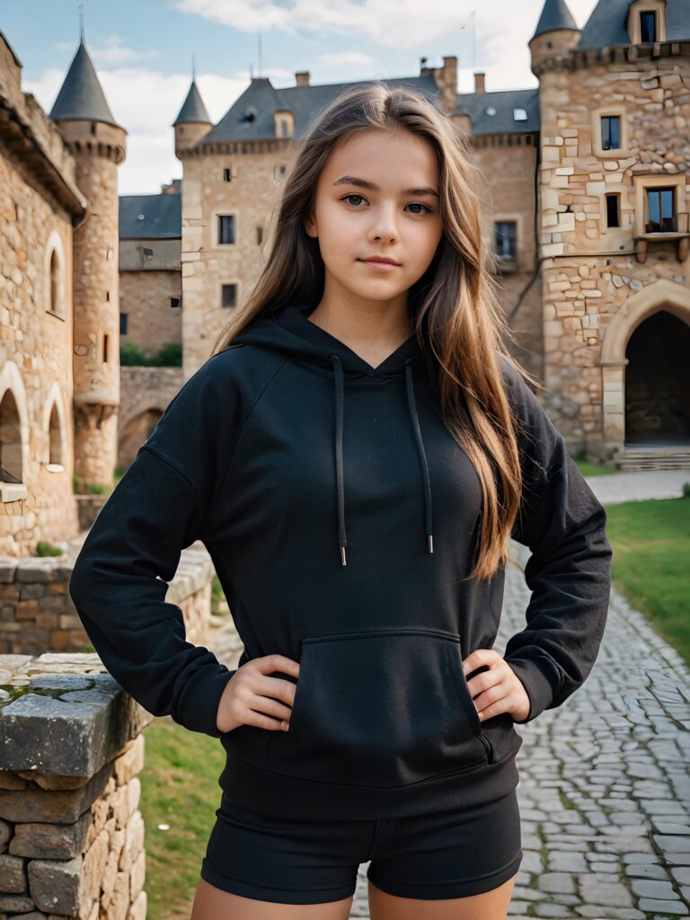 a (((sweet young teen girl))) dressed in a ((black short tight hoodie)), with long, flowing hair and standing confidently before a sprawling, ancient ((castle))