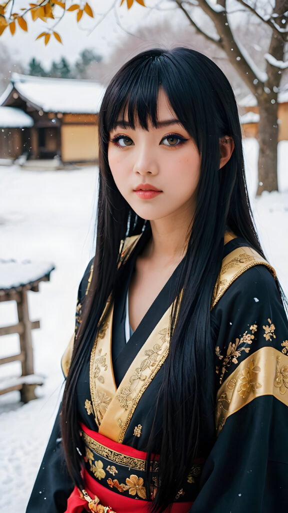 a (((teen Japanese emo girl with long, soft obsidian hair in bangs cut, amber eyes, full lips, she looks seductively at the viewer))), dressed in a (((traditional clothing))), set against a fantastical, snow-covered landscape that exudes a whimsically enchanting atmosphere