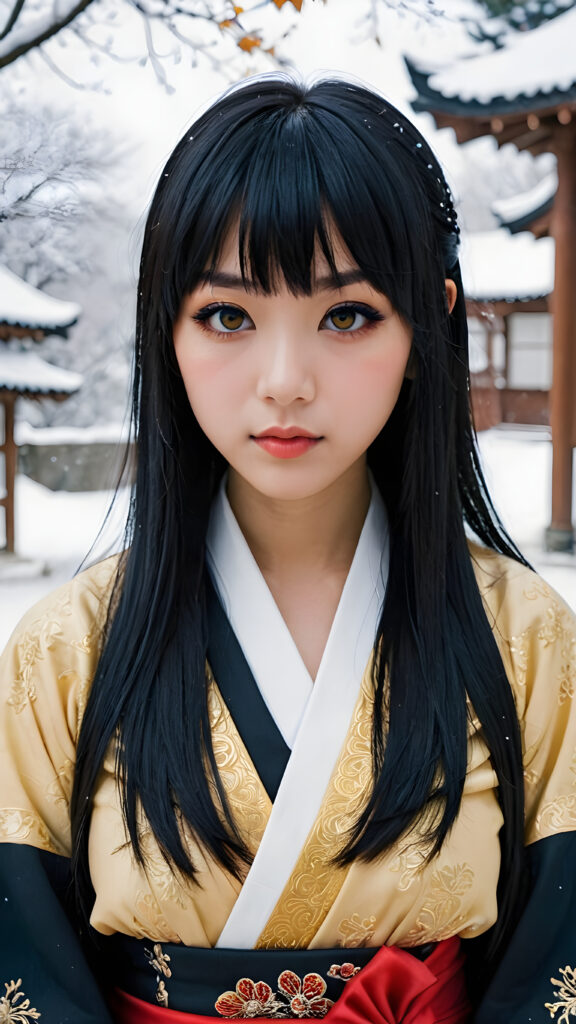 a (((teen Japanese emo girl with long, soft obsidian hair in bangs cut, amber eyes, full lips, she looks seductively at the viewer))), dressed in a (((traditional clothing))), set against a fantastical, snow-covered landscape that exudes a whimsically enchanting atmosphere