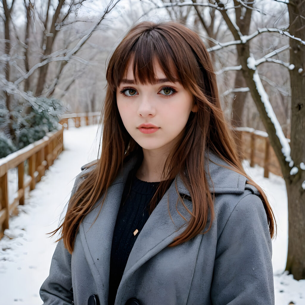 a (((teen emo girl with long, soft brown hair in bangs cut, amber eyes, full lips, she looks seductively at the viewer))), dressed in a (((grey winter coat))), set against a fantastical, snow-covered landscape that exudes a whimsically enchanting atmosphere