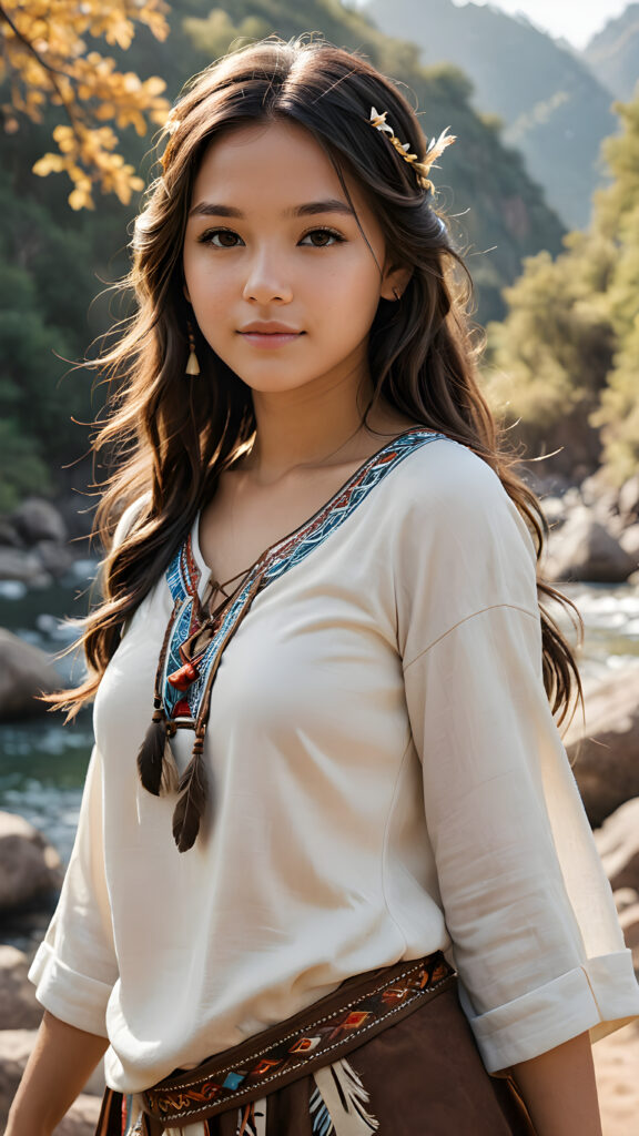 a ((teen girl)), medium silhouette shot, female native american clothing style, realistic detailed angelic round face, slight smile, natural dark hair, wavy straight flowing super soft hair, fit body, mood scenery background, hyper realistic, high quality, ((realistic)), ((detailed)), ((matching)), ((aligned)), coordinated, (symmetrical), (((evenly-sized)))