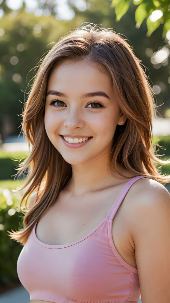 a (((teen girl))) with a joyful and sunny smile, wearing a sleek and fitted short crop pink tank top that showcases her perfect, curves, captured in a (((flawless portrait))), with long, flowing, straight hazelnut hair cascading down