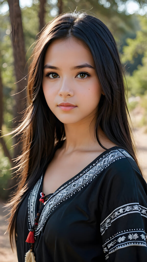 a ((teen girl)) medium silhouette shot, her hair is obsidian-black and with long straight haircut, she has glancing silver-white eyes and are orbit round, she has pouting lips, she has a soft outlook, she has a fit figure, she wears female native american clothing style, in a natural way, mood scenery background