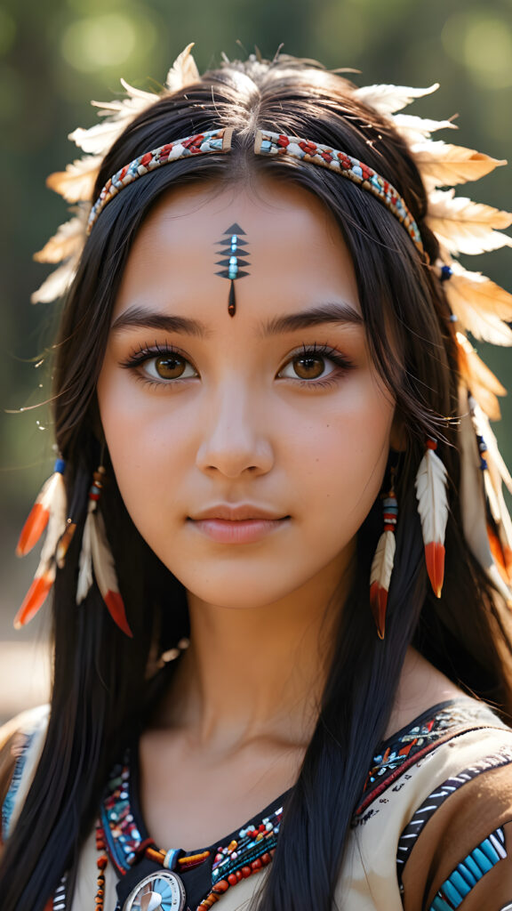 a (((teen girl))) with long, luxurious obsidian hair and softly arched eyebrows, framing piercingly beautiful, soft dressed, ((light brown eyes)), ((she wears a female native american clothing style))