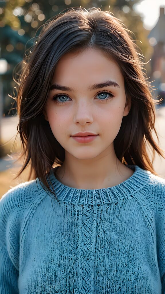 a ((teen girl)), her hair is black and with long straight haircut, full lips, soft outfit, light blue eyes, she wears a wool sweater, 4k, realistic and detailed photo