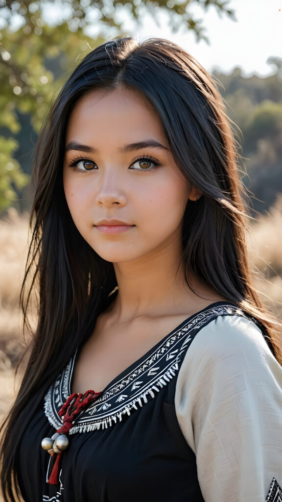 a ((teen girl)) medium silhouette shot, her hair is obsidian-black and with long straight haircut, she has glancing silver-white eyes and are orbit round, she has pouting lips, she has a soft outlook, she has a fit figure, she wears female native american clothing style, in a natural way, mood scenery background