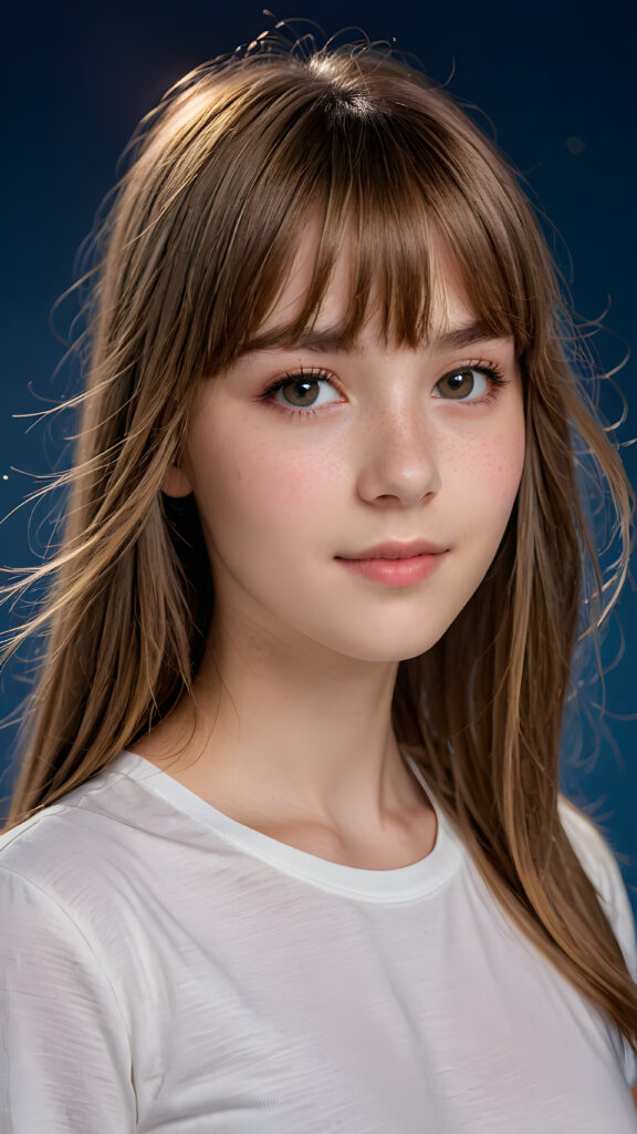 a (((teen girl with bangs cut))), (((vividly drawn long, straight soft hazel hair))) that reflects the light in a (((professional night photograph))), age 13, is depicted with exquisite detail, her face softly angelic yet realistically defined, big round eyes, wearing a (super short, sleek white T-shirt) against a blue backdrop, ((side view))