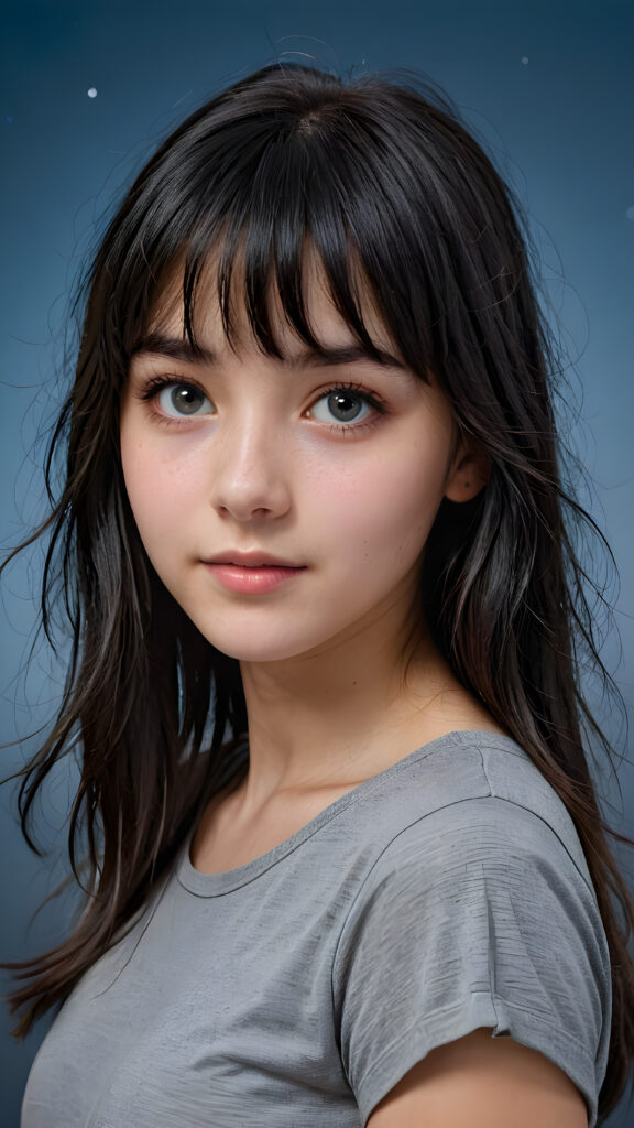 a (((teen girl with bangs cut))), (((vividly drawn long, straight soft messy black hair))) that reflects the light in a (((professional night photograph))), age 13, is depicted with exquisite detail, her face softly angelic yet realistically defined, big round eyes, wearing a (super short, sleek grey T-shirt, perfect curved body) against a blue backdrop, ((side view))