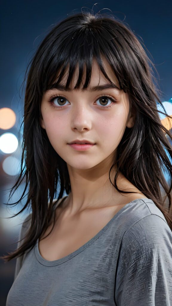 a (((teen girl with bangs cut))), (((vividly drawn long, straight soft messy black hair))) that reflects the light in a (((professional night photograph))), age 13, is depicted with exquisite detail, her face softly angelic yet realistically defined, big round eyes, wearing a (super short, sleek grey T-shirt, perfect curved body) against a blue backdrop, ((side view))