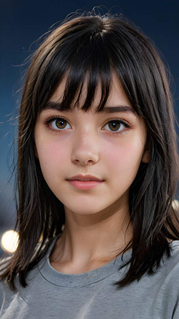 a (((teen girl with bangs cut))), (((vividly drawn long, straight soft messy black hair))) that reflects the light in a (((professional night photograph))), age 13, is depicted with exquisite detail, her face softly angelic yet realistically defined, big round eyes, wearing a (super short, sleek grey T-shirt, perfect curved body) against a blue backdrop, ((side view))