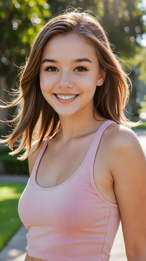 a (((teen girl))) with a joyful and sunny smile, wearing a sleek and fitted short crop pink tank top that showcases her perfect, curves, captured in a (((flawless portrait))), with long, flowing, straight hazelnut hair cascading down