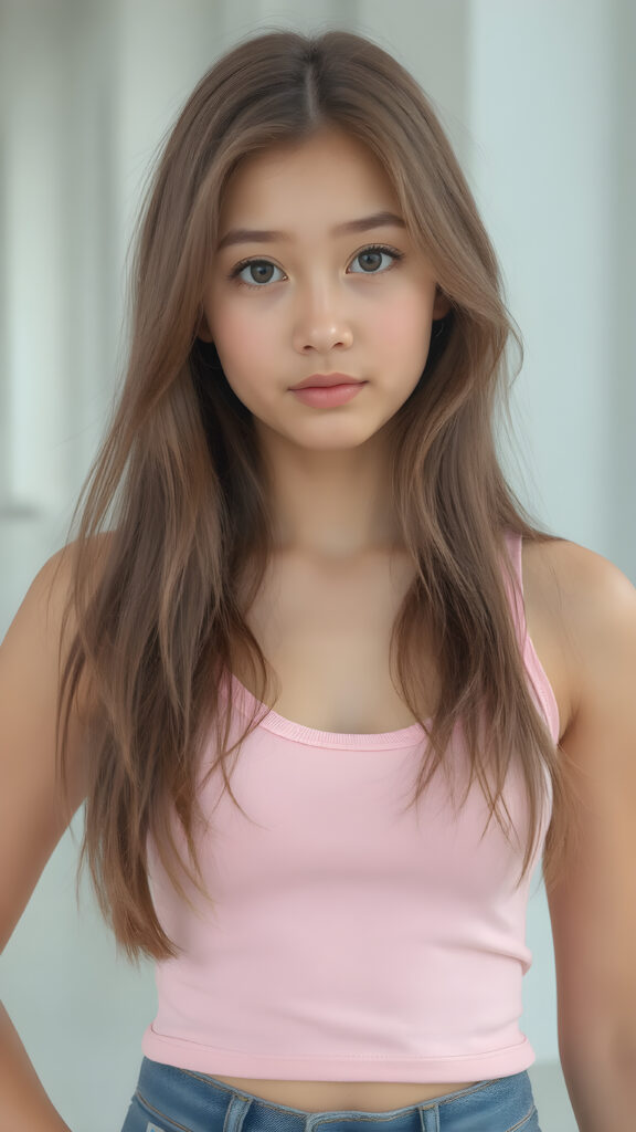 a (((teen girl))), ((long brown hair)), that flows elegantly, framing her delicate, ((round angelic face)), which exudes a youthful vibrancy, ((short cropped pink tank top that accentuates her natural beauty and her perfect body, deep v-neck and wide open front)), contrasting against the sleek and modern backdrop of a (hyper realistic, 8K rendering) for a stunning, high-quality image