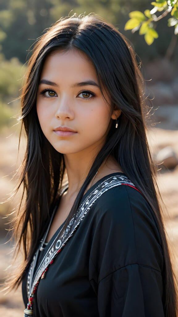 a ((teen girl)) medium silhouette shot, her hair is obsidian-black and with long straight haircut, she has glancing silver-white eyes and are orbit round, she has pouting lips, she has a soft outlook, she has a fit figure, she wears female native american clothing style, in a natural way, mood scenery background