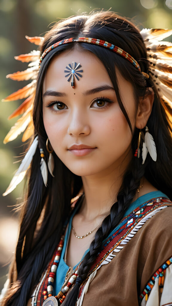 a (((teen girl))) with long, luxurious obsidian hair and softly arched eyebrows, framing piercingly beautiful, soft dressed, ((light brown eyes)), ((she wears a female native american clothing style))