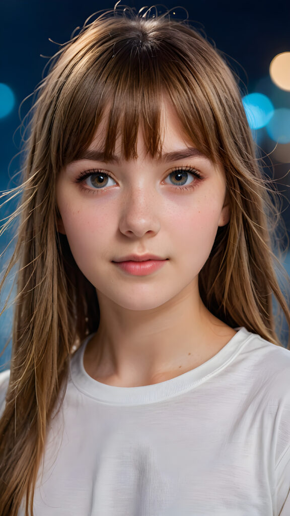 a (((teen girl with bangs cut))), (((vividly drawn long, straight soft hazel hair))) that reflects the light in a (((professional night photograph))), age 13, is depicted with exquisite detail, her face softly angelic yet realistically defined, big round eyes, wearing a (super short, sleek white T-shirt) against a blue backdrop, ((side view))