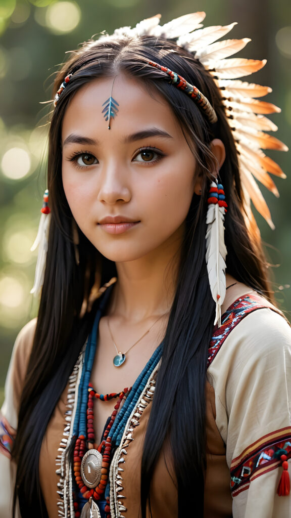 a (((teen girl))) with long, luxurious obsidian hair and softly arched eyebrows, framing piercingly beautiful, soft dressed, ((light brown eyes)), ((she wears a female native american clothing style))