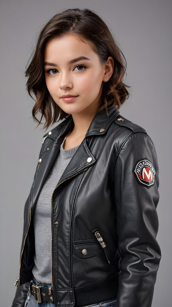 a teen girl, best quality, masterpiece, ultra high resolution, photo realistic, detailed skin, (black short aviator leather jacket), lounging, ((grey background))