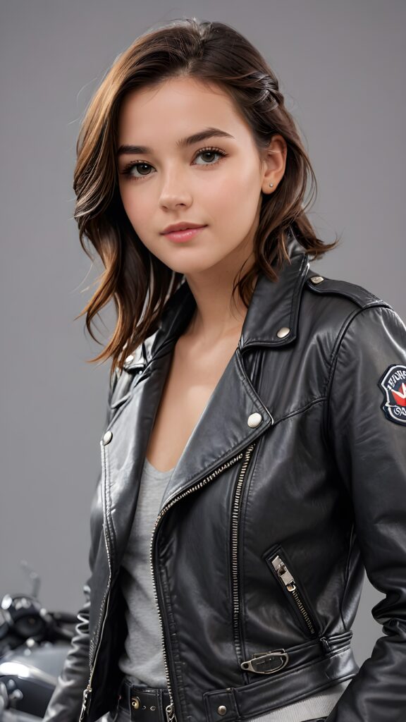 a teen girl, best quality, masterpiece, ultra high resolution, photo realistic, detailed skin, (black short aviator leather jacket), lounging, ((grey background))